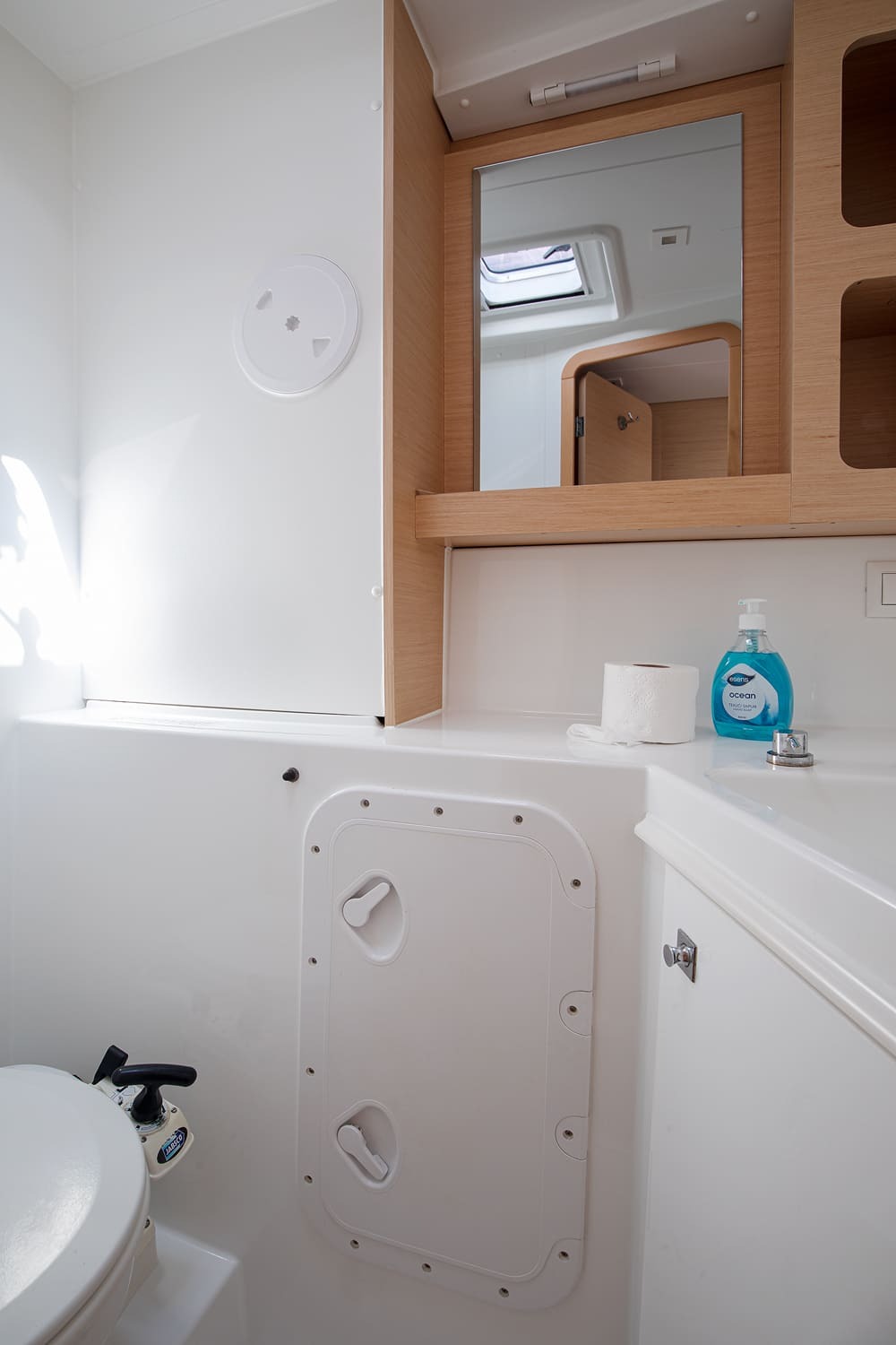 Heads compartment with an electric toilet, moulded washbasin and mirrored cabinet above.
