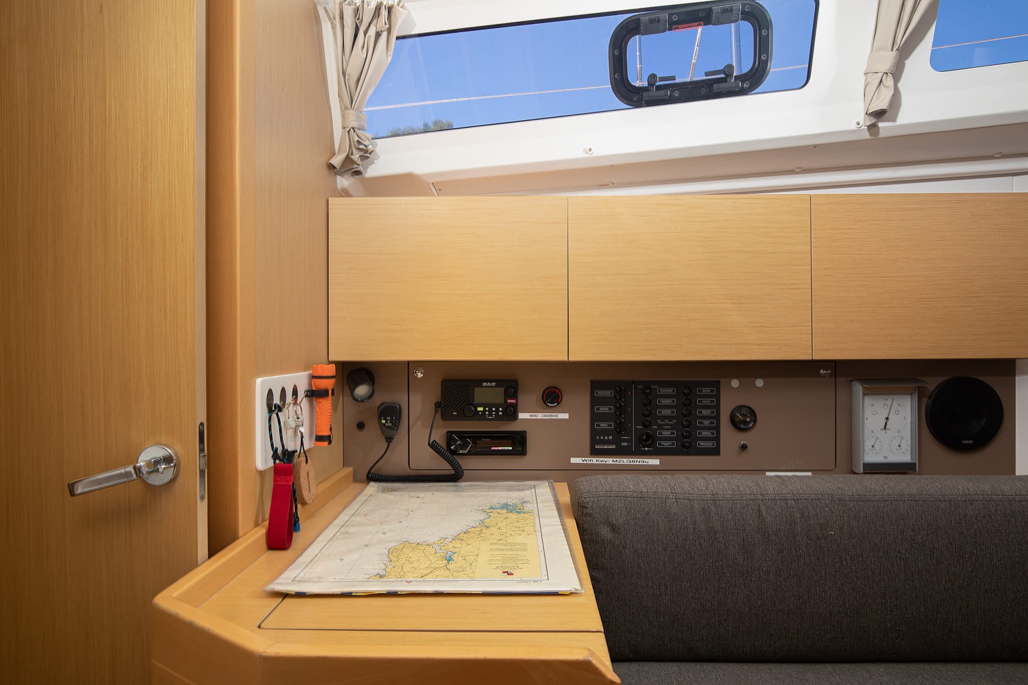 Galley worktop and sink with locker stowage above