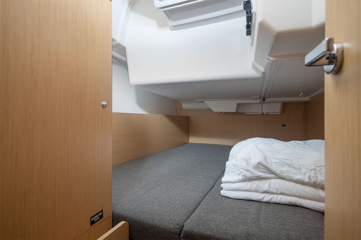 Aft cabin with double berth and folded towels