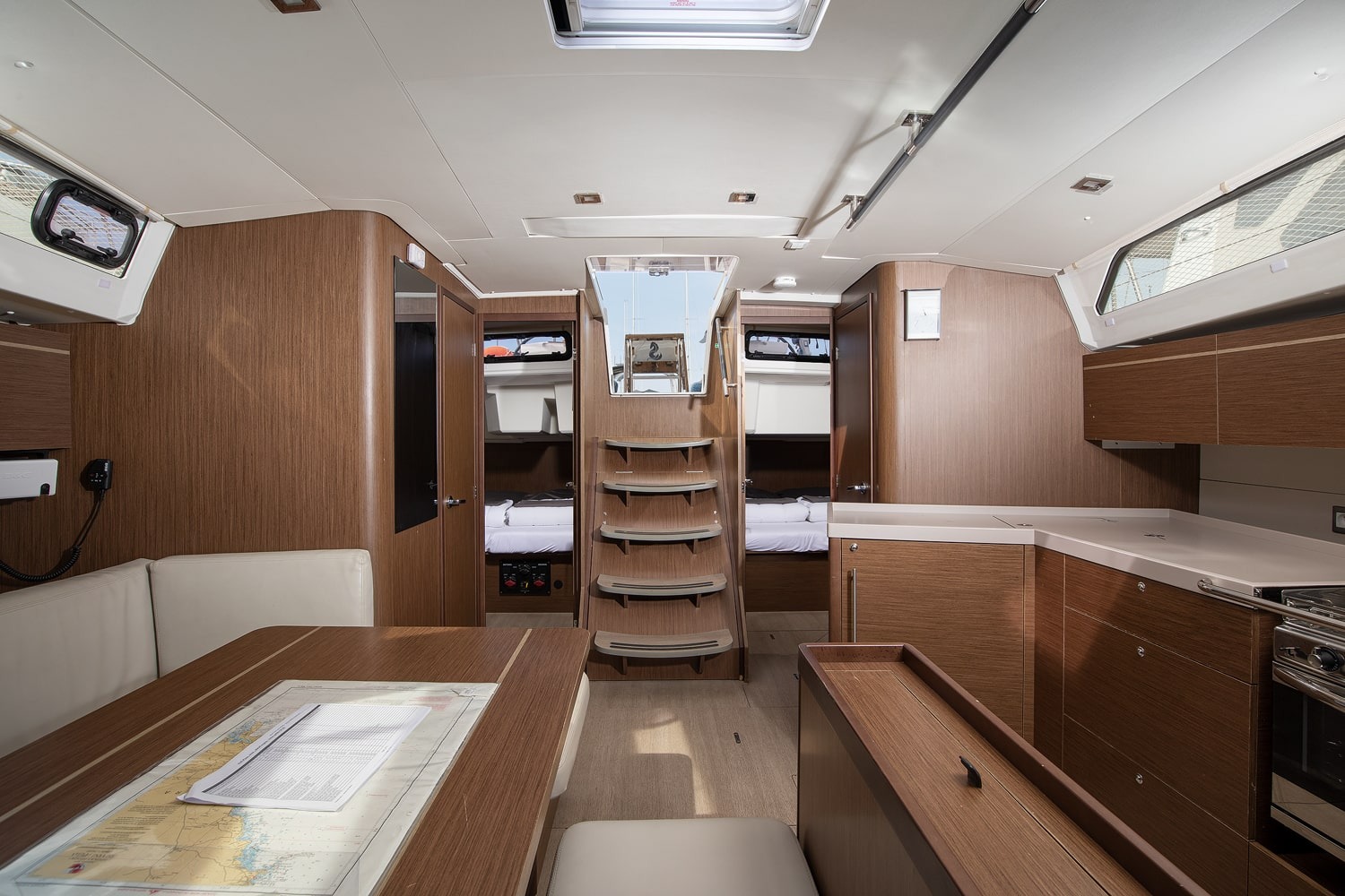 Looking forward through the saloon of Amore di Mare towards the forward cabins