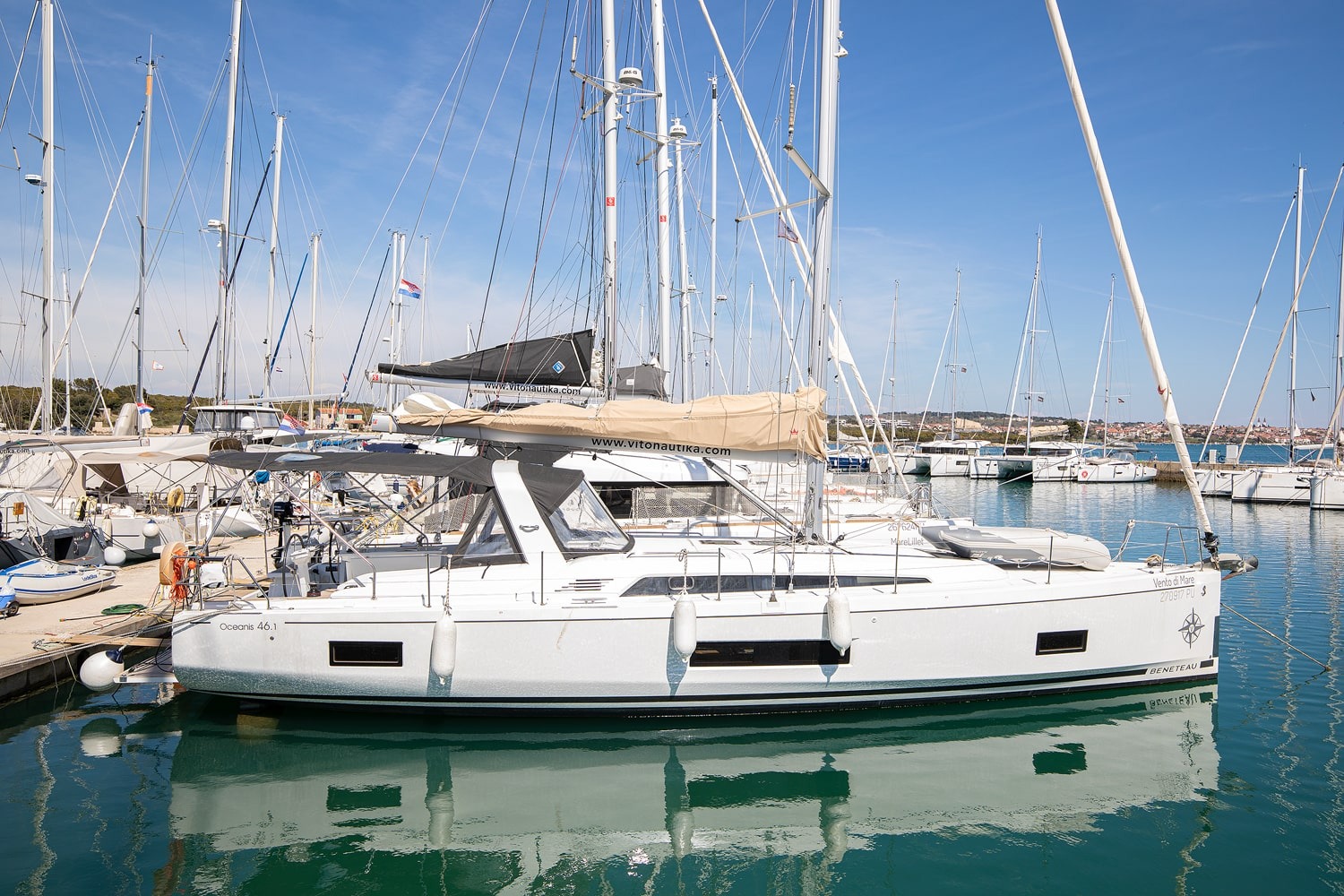 Vento di Mare, a Beneteau Oceanis 46.1, moored bow-on at a pontoon in ACI Marina Pomer.