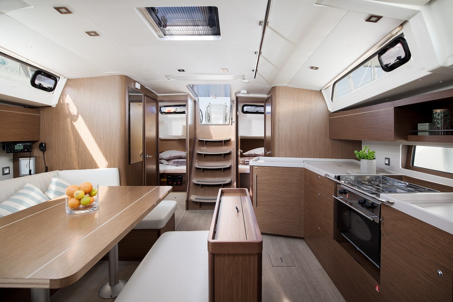 Interior of the Vento di Mare looking forward through the saloon towards the forward cabins.